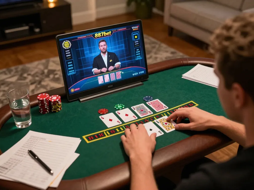 Jogue blackjack na 887bet com um dealer ao vivo, criando uma experiência imersiva de jogo em casa.