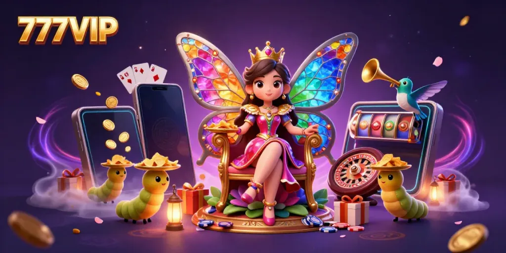 Experience thrilling gaming adventures at 777VIP with our vibrant casino illustration featuring slots and live action.