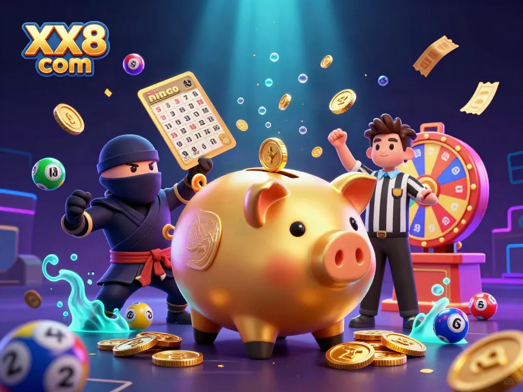 Experience exciting gaming action with XX8 com in this colorful 3D casino illustration showcasing vibrant elements.