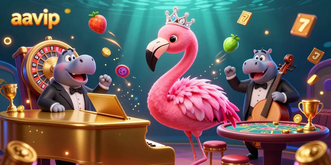 AAVIP casino performance illustrated with vibrant flamingo singer and golden slots amidst dazzling decorations.
