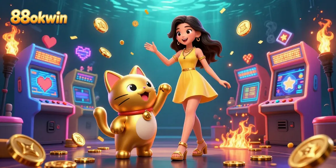 Engage with 88okwin's vibrant 3D casino scene featuring a cheerful Asian woman and a lucky cat.
