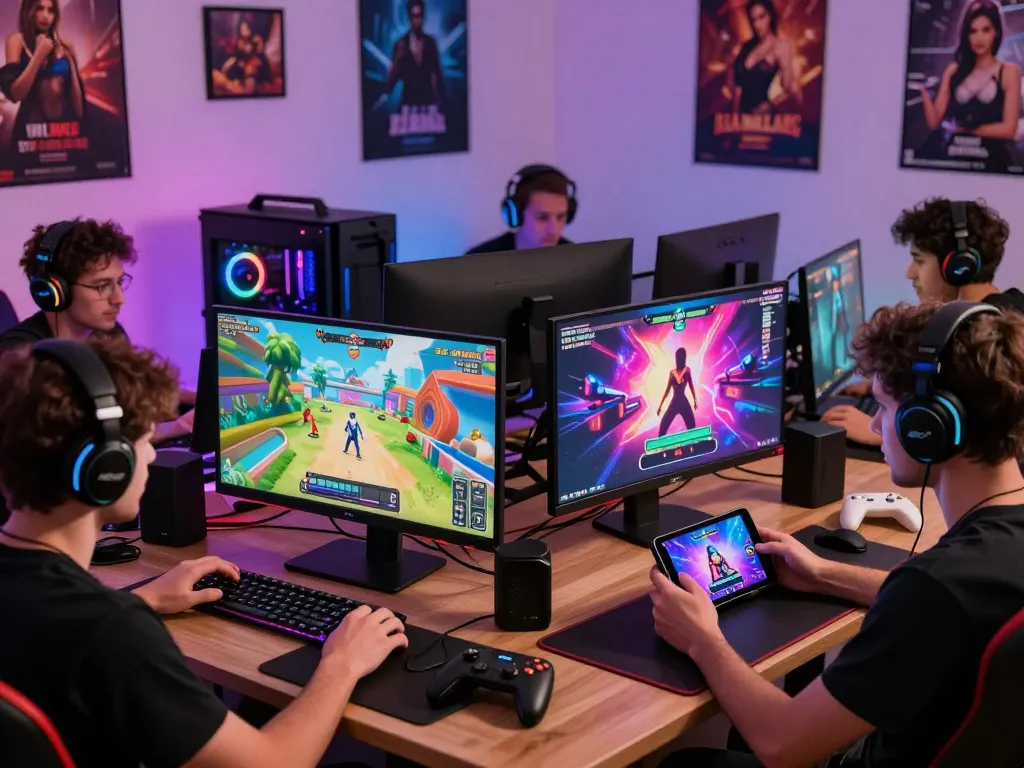 Engaged gamers enjoying free porn games on desktop and mobile devices in a vibrant gaming room.