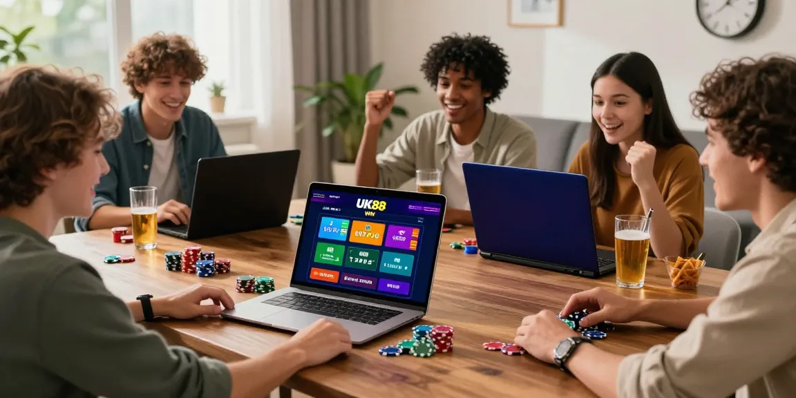 Exciting scene of friends enjoying sports betting on UK88 win platform at home.
