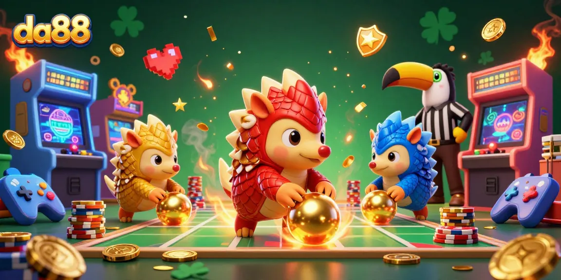 da88 pangolins rolling through poker chips in a vibrant 3D casino illustration.
