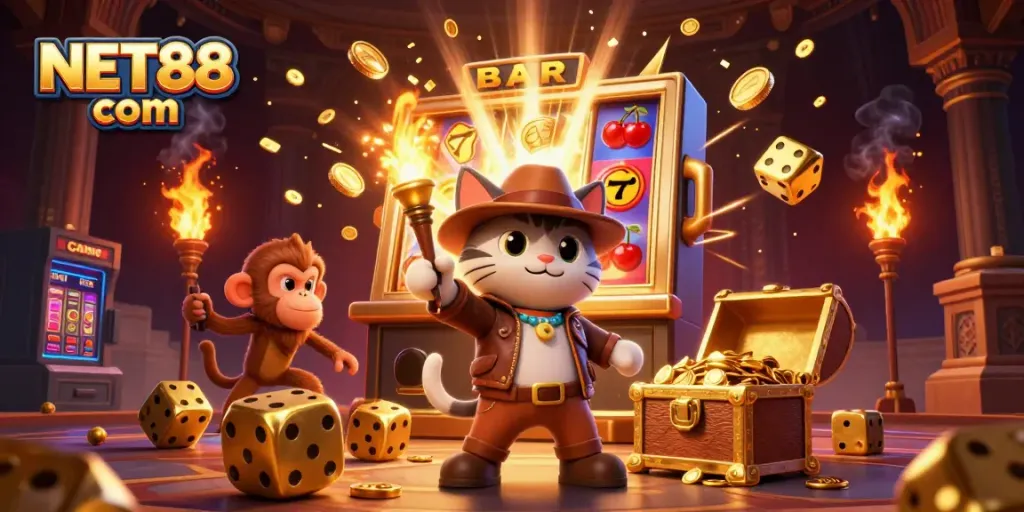 Experience the excitement of NET88 com with a vibrant 3D scene featuring an adventure-filled casino discovery.