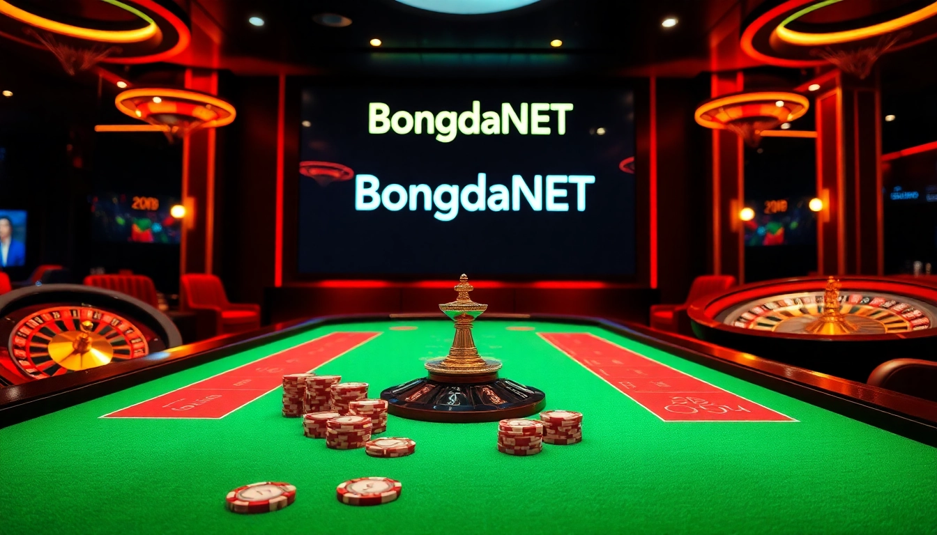 Place your bets with BongdaNET on a luxurious casino table featuring vibrant poker chips and roulette wheels.