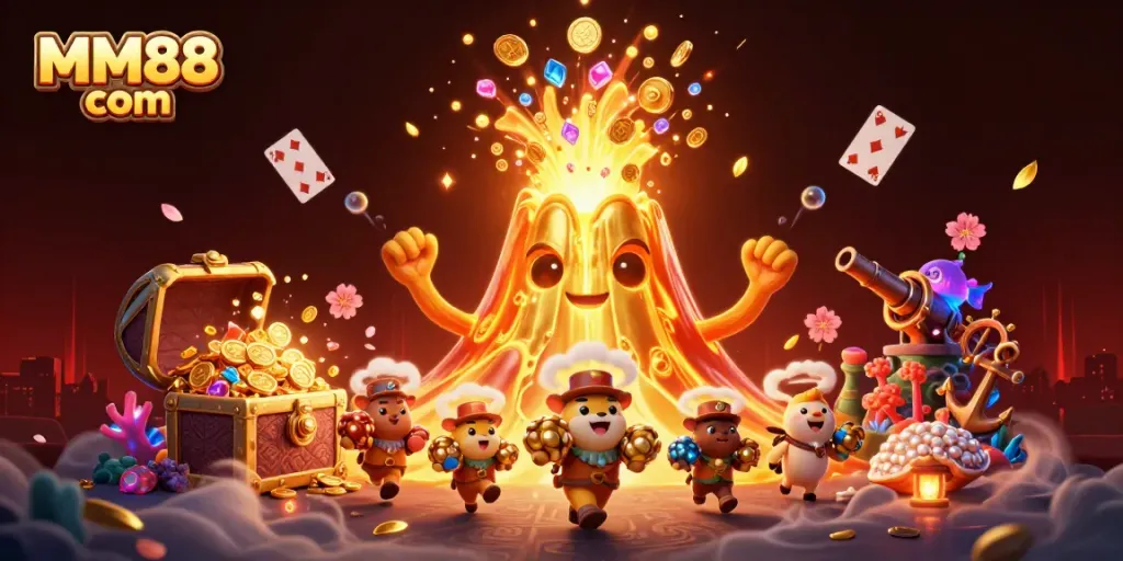 Experience the excitement of MM88 com with vibrant casino elements and a golden volcano bursting with treasures.