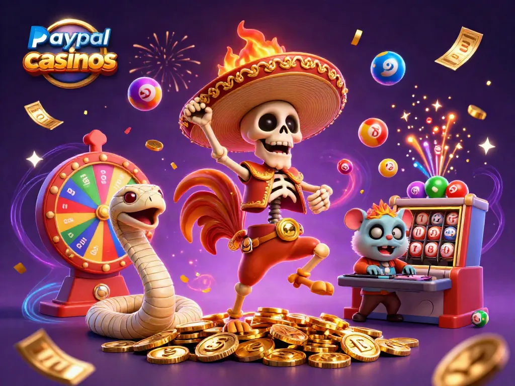 Experience the excitement at paypal casinos with vibrant characters and dynamic casino elements celebrating wins.