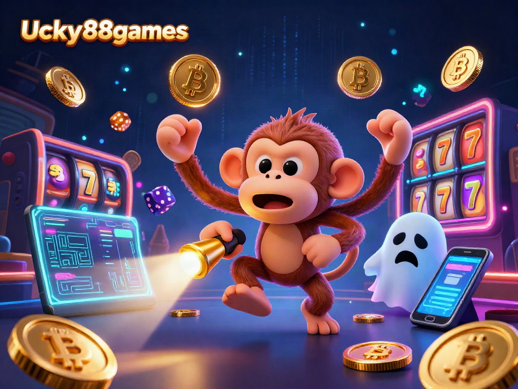 Experience the excitement of ucky88games with a playful monkey juggling coins and a curious puppy exploring a haunted casino.