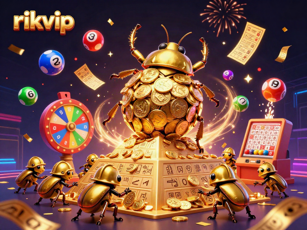 Experience the excitement of rikvip with a vibrant 3D casino scene featuring golden beetles and lottery elements.