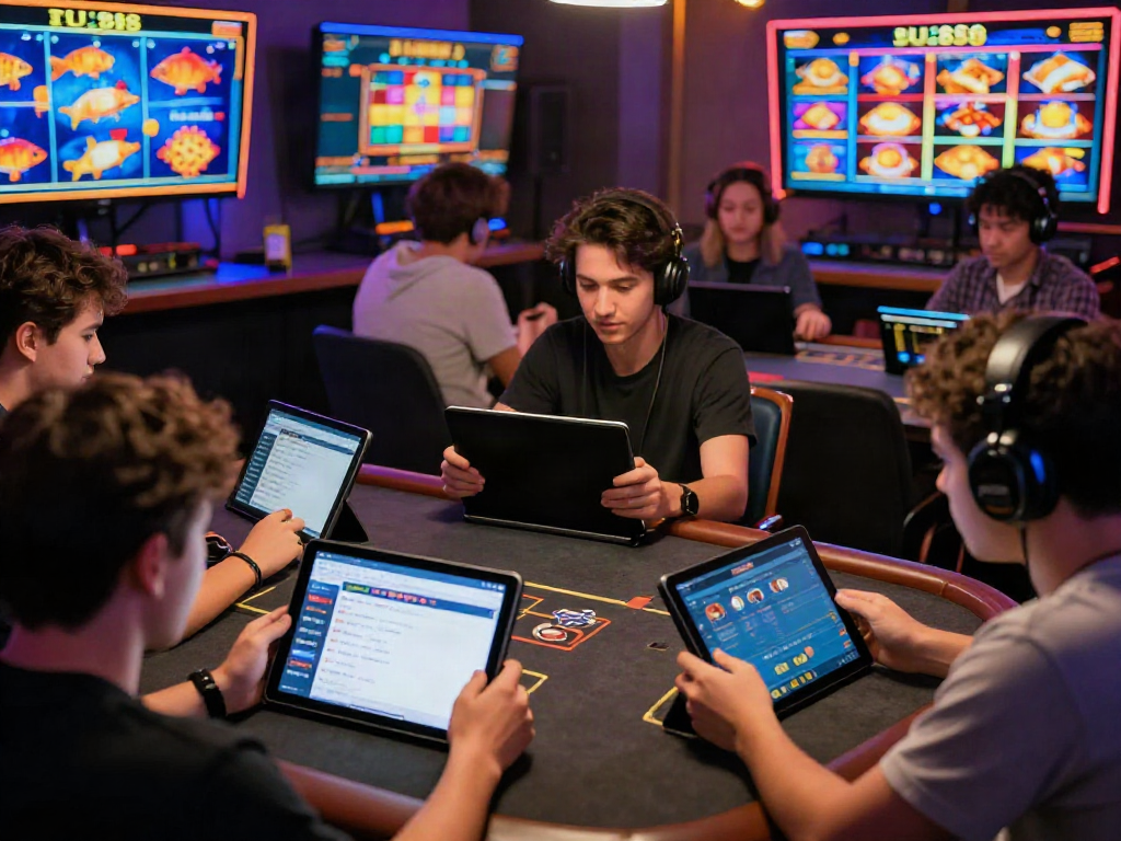 DU88 online gaming scene showcasing diverse players enjoying live-streamed gambling with tablets and vibrant graphics.