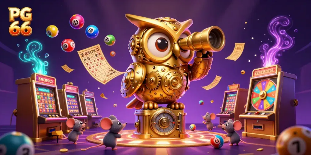 Action-packed illustration of PG 66 casino with a golden owl and colorful lottery balls.