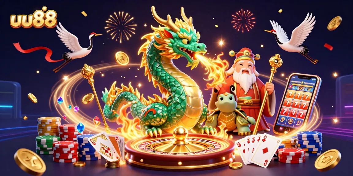 Engage with uu88's vibrant casino scene featuring a jade dragon, turtle sage, and lucky cranes in action.