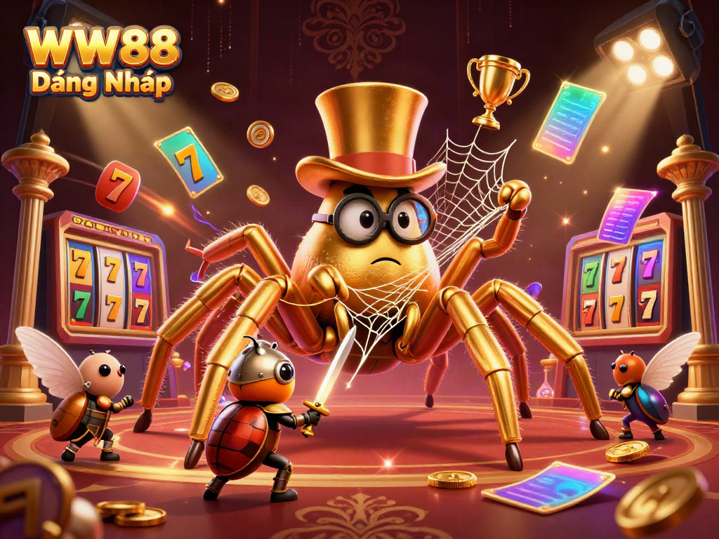 WW88 Đăng Nhập showcases a 3D cartoon illustration of a golden tarantula and beetle knight amidst vibrant gaming elements and casino symbols.