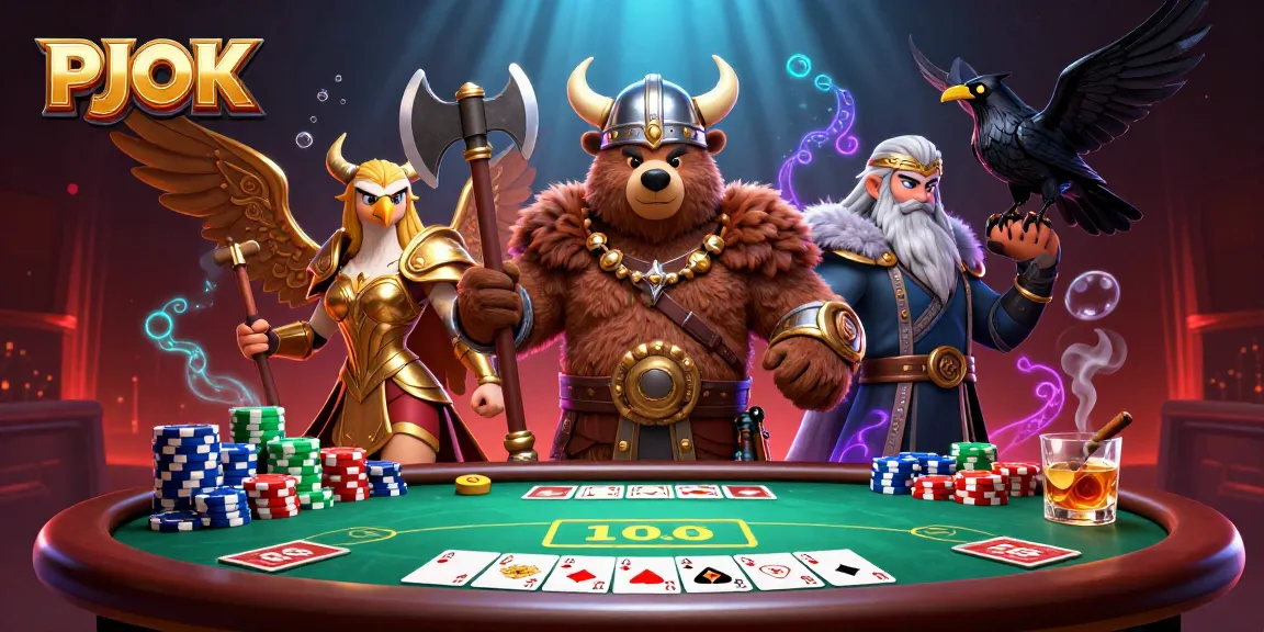 Engage with PJOK in an action-packed casino scene with dynamic characters and poker elements.