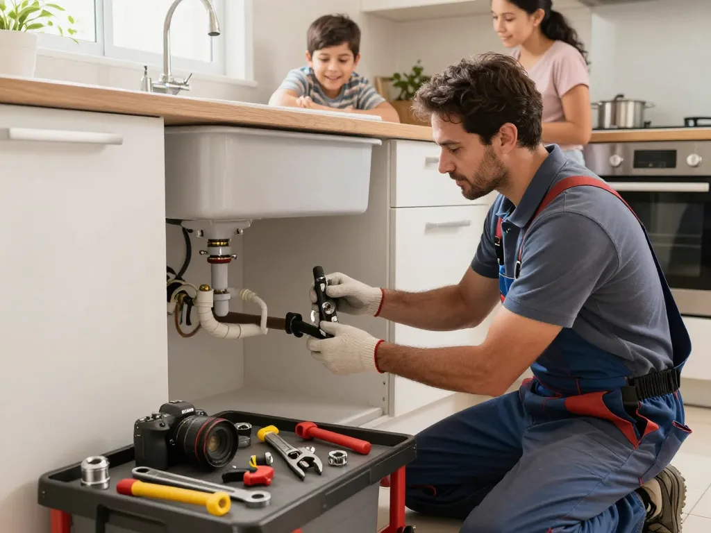 Encanador em São Paulo expertly installing PEX piping in a modern kitchen, showcasing professionalism and home improvement