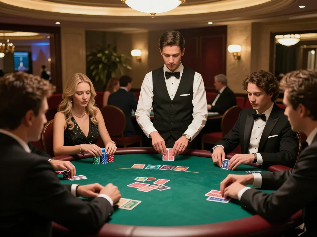 Competitive poker gameplay at a luxurious high-roller table featuring engaging players and dealer's cards, showcasing 22ff.