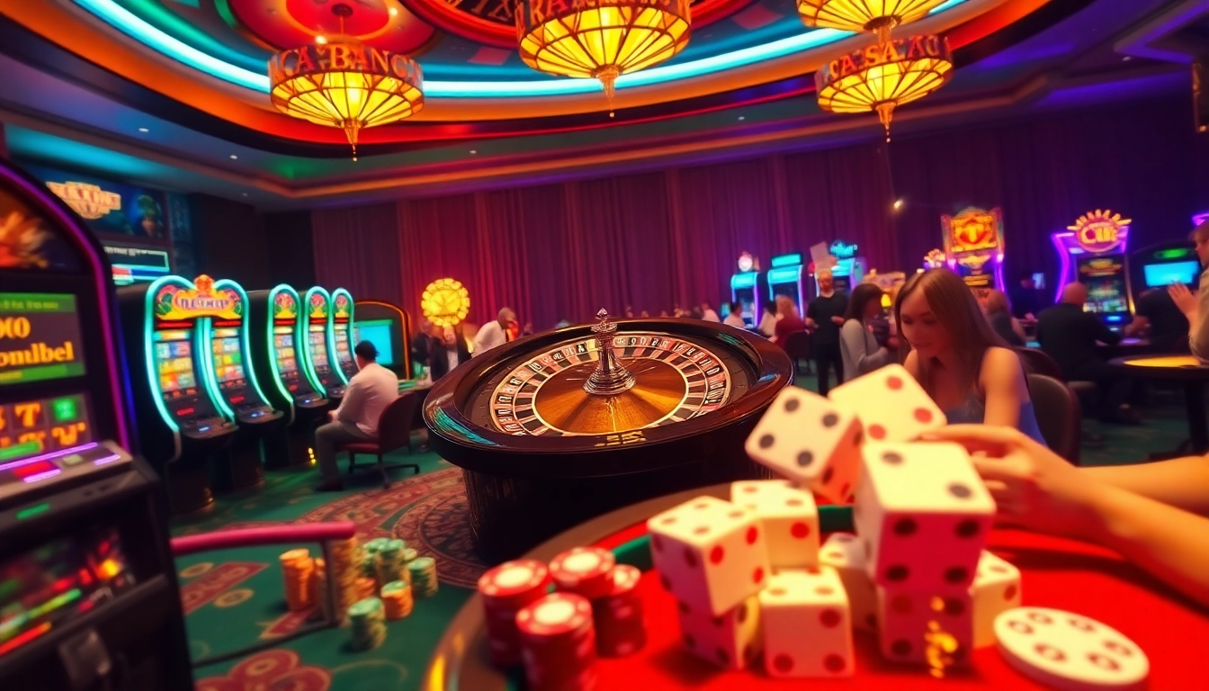 L567 gamblers enjoying a lively casino atmosphere with roulette and slot machines.