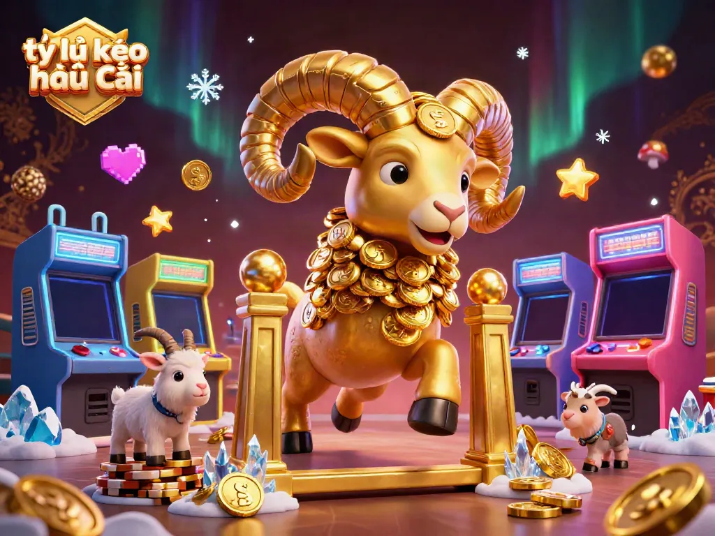 Engaging scene of tỷ lệ kèo nhà cái presenting a golden ram charging toward cash gates surrounded by colorful gaming elements.