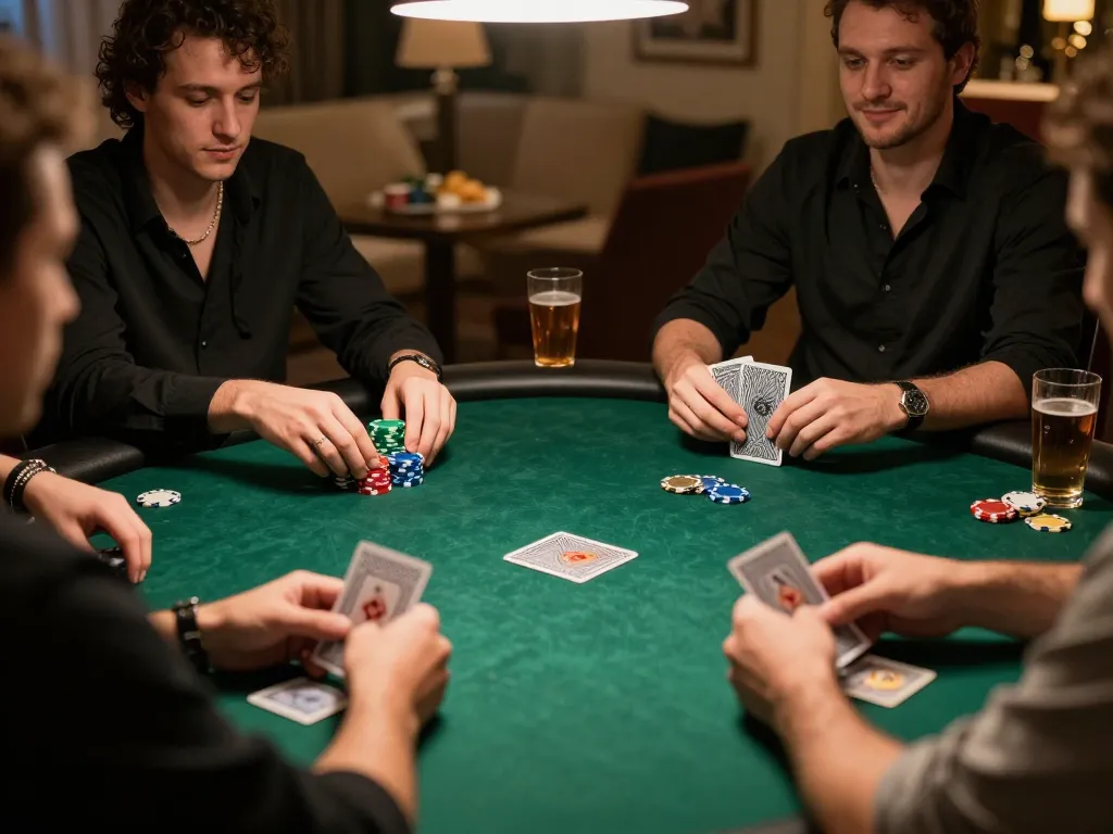 Engaged friends playing poker at home, showcasing U888 casino strategy action and vibrant atmosphere.