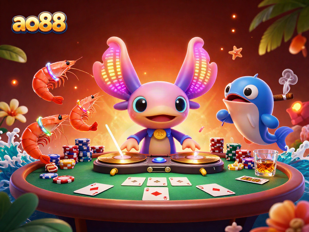 Play vibrant ao88-themed blackjack with a cartoon axolotl DJ and lively underwater party.