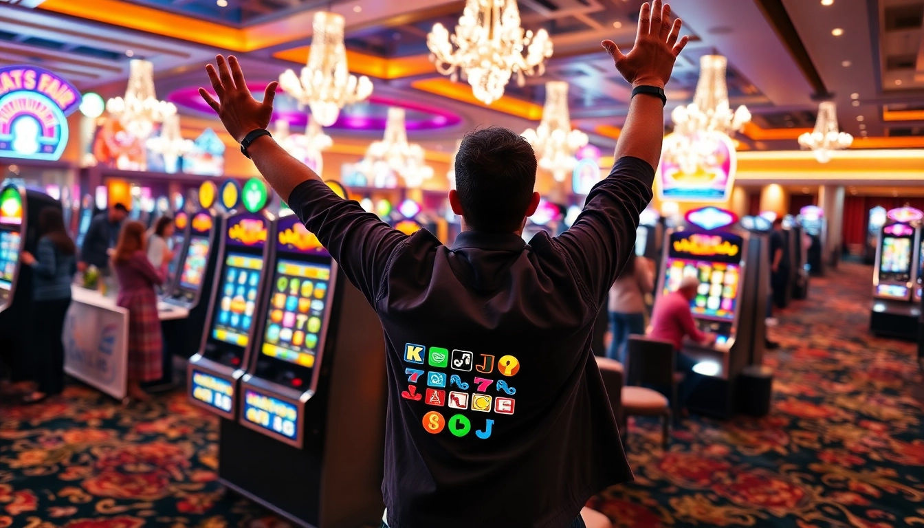 Menangkan slot gacor dengan mesin slot ceria di kasino, dikelilingi suasana meriah.