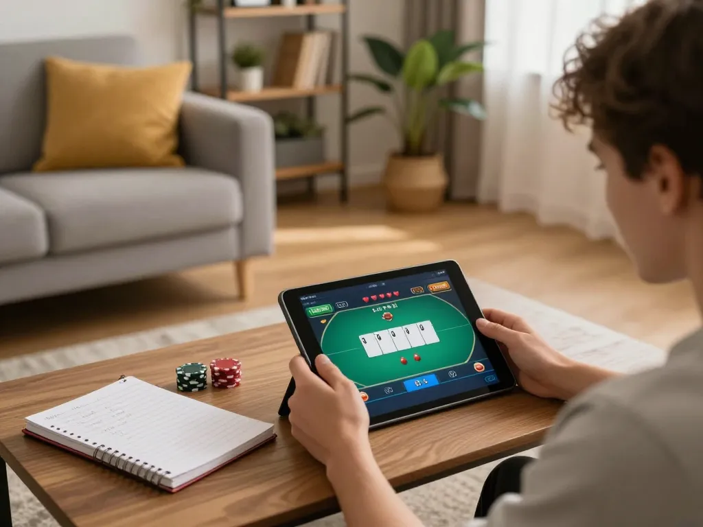 Person engaged in online gaming at lc88 com, playing poker on a tablet with strategy notes nearby.