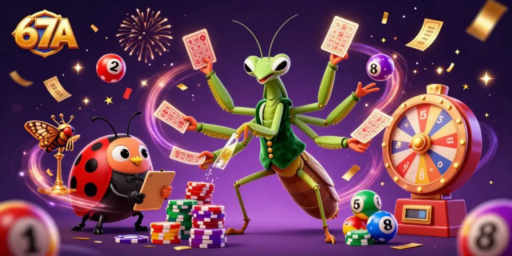 Engage with 67A's vibrant gambling scene featuring a giant mantis card sharp and colorful lottery elements.