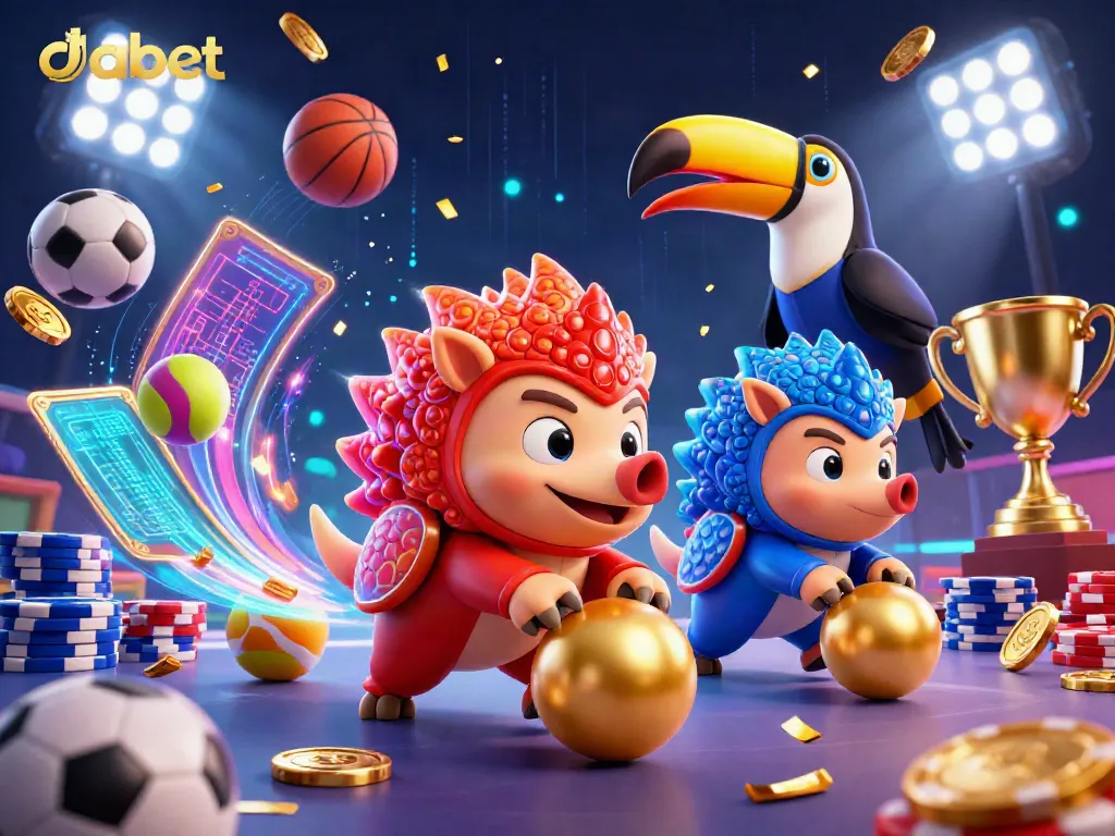 DABET offers exciting gambling action as two cartoon pangolins clash over golden balls and poker chips.