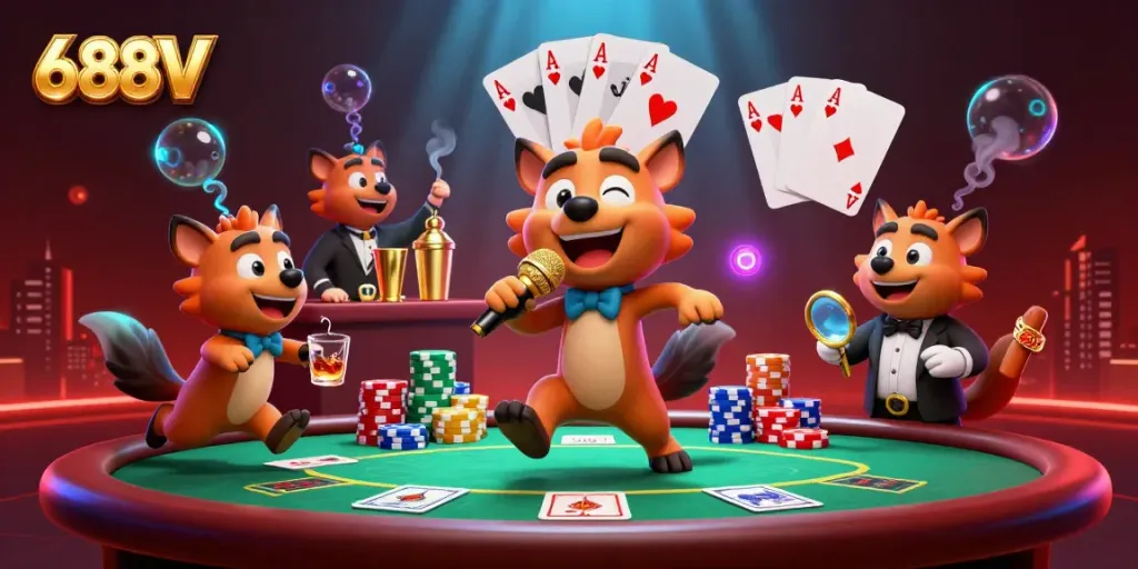 Enjoy the vibrant atmosphere of 688V's comedy casino, featuring hyenas in action.