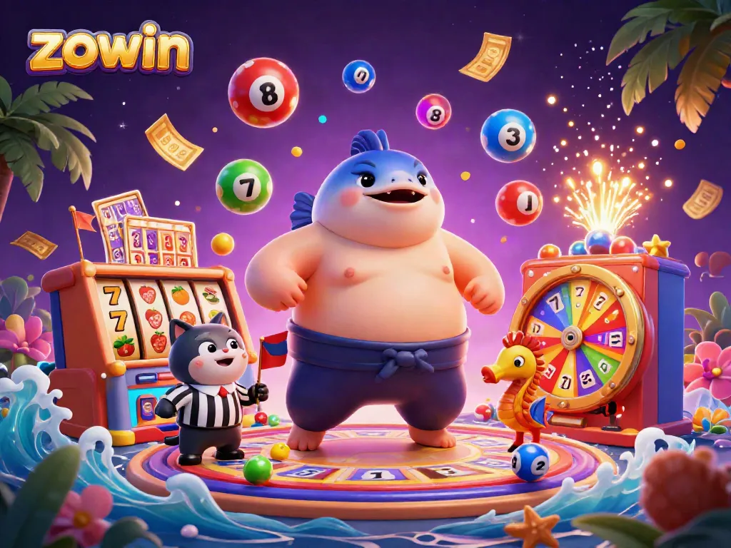 Spin winning with zowin in a vibrant 3D casino scene featuring fun characters and cheerful game elements.