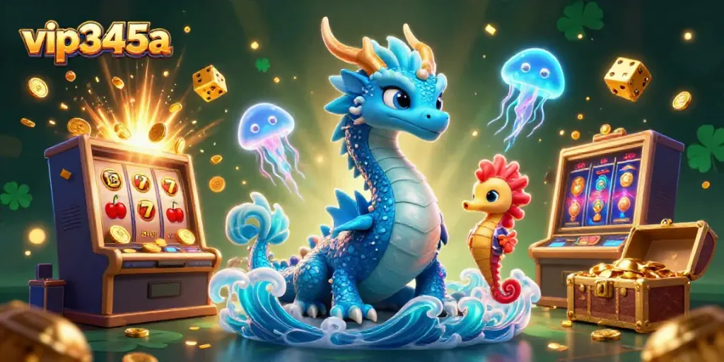 Experience thrilling gameplay with vip345a featuring an azure water dragon, a seahorse knight, and vibrant casino symbols.