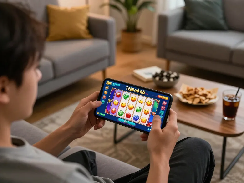 Engaging in TR88 nổ hũ game on mobile app while relaxing at home