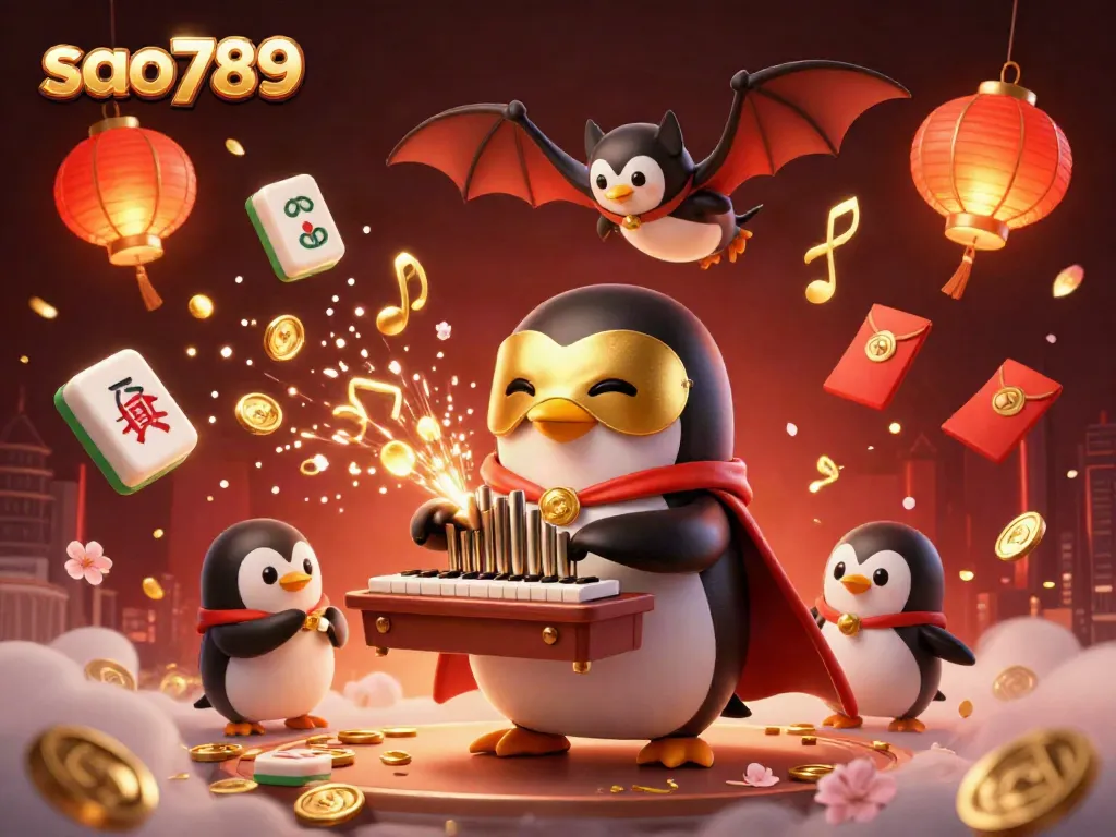 Engage with sao789's thrilling gaming scene showcasing a whimsical penguin and acrobat in a casino atmosphere