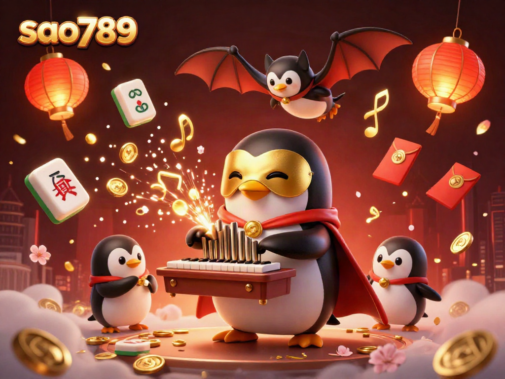 Engage with sao789's thrilling gaming scene showcasing a whimsical penguin and acrobat in a casino atmosphere