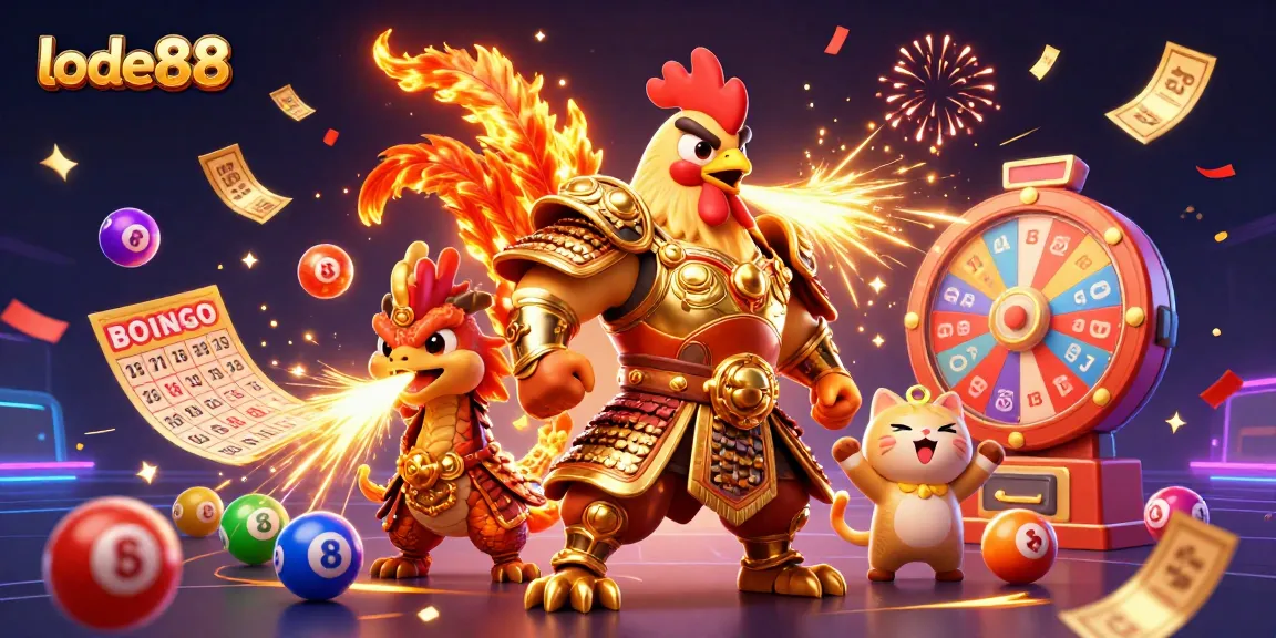 Lode88 invites players to enjoy vibrant gameplay fun with a dynamic 3D casino-themed illustration.
