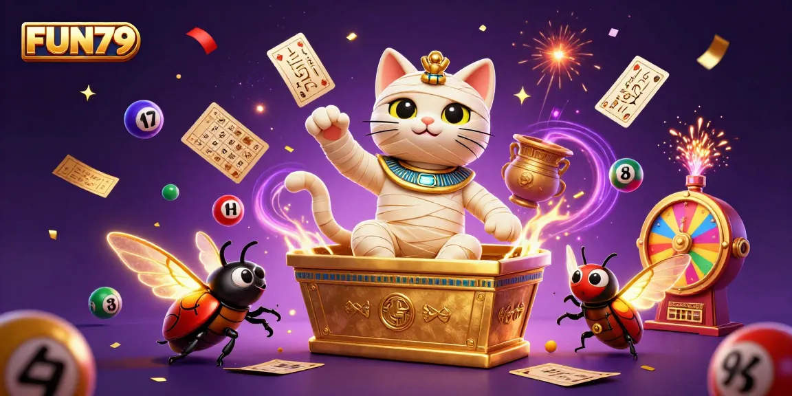 Experience endless fun with FUN79 as a lively Egyptian mummy cat bursts from a sarcophagus while colorful lottery balls dance.