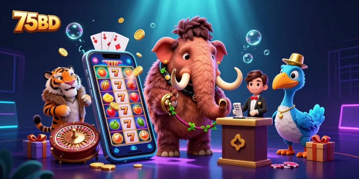 Experience thrilling gaming at 75BD with vibrant slot games and colorful casino elements bursting around characters.