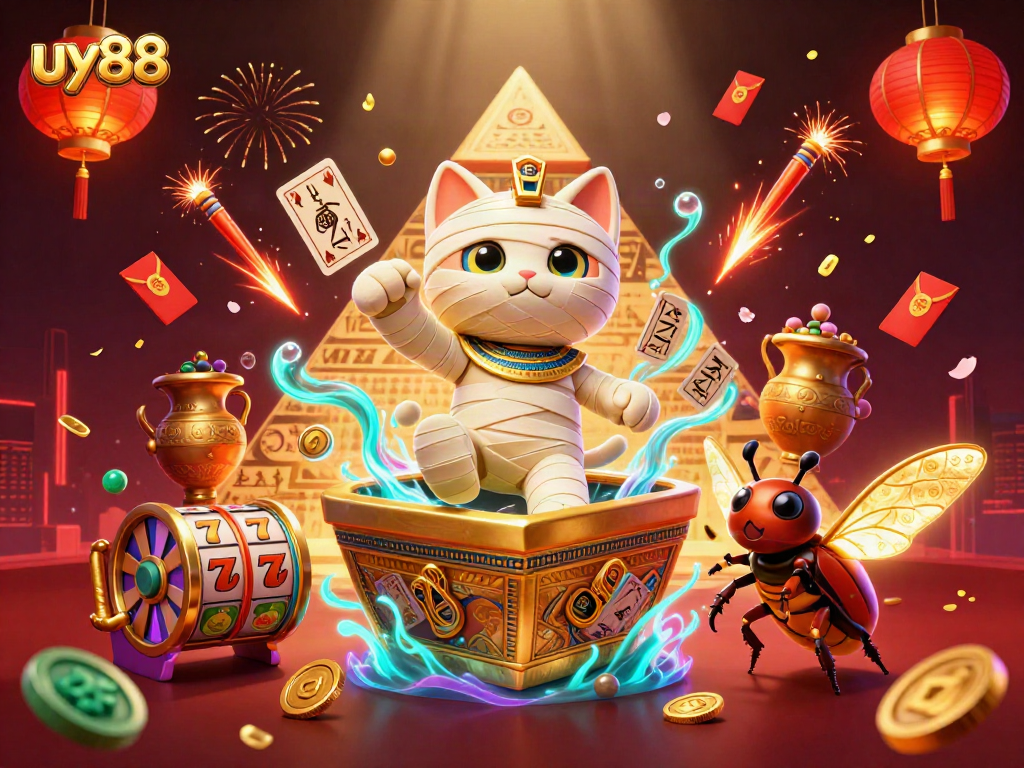 Experience excitement with uy88 in a vibrant, dynamic casino scene showcasing a mummy cat and golden scarab.