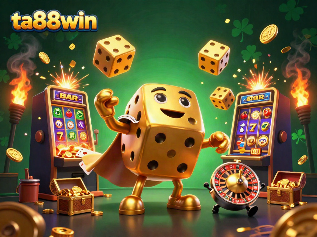 Experience thrilling wins at ta88win illustrated with a golden dice golem and a vibrant casino backdrop.