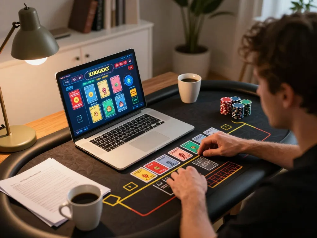 Engage in x333 online table games with a live dealer, showcasing a strategic gaming setup and cozy home atmosphere.