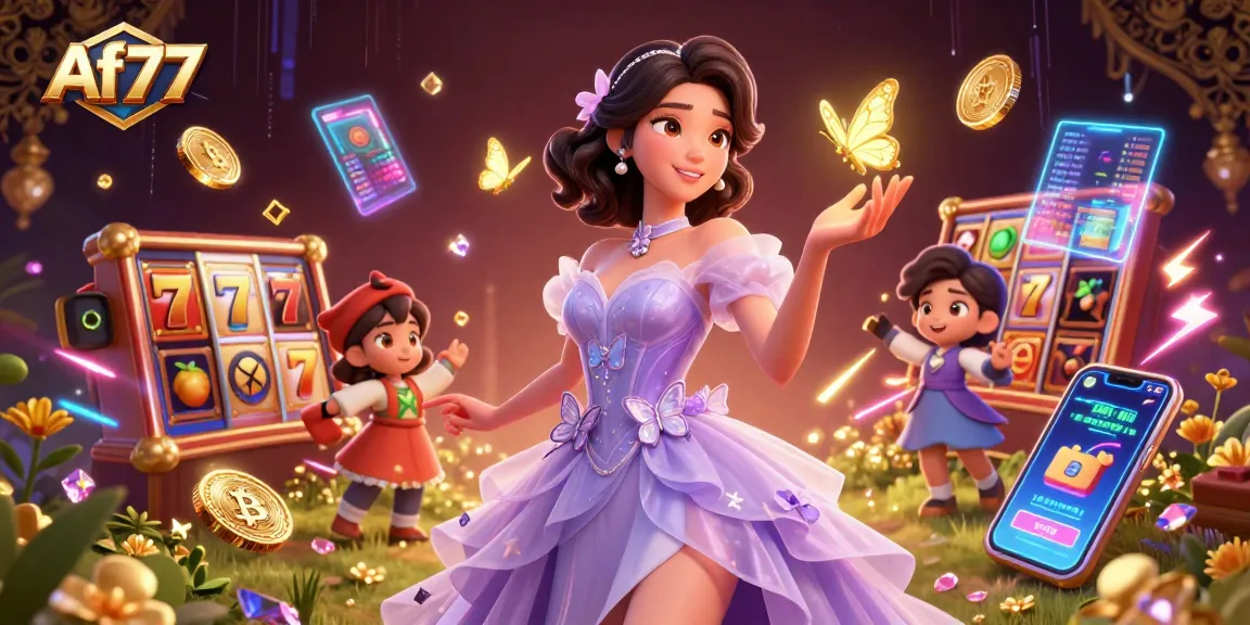 Experience thrilling slots at Af77 with vibrant characters and exciting casino elements in a magical setting.