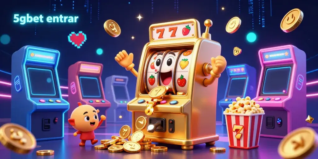 Experience 5gbet entrar with a vibrant scene of a golden slot machine hitting a jackpot amidst cheering machines.