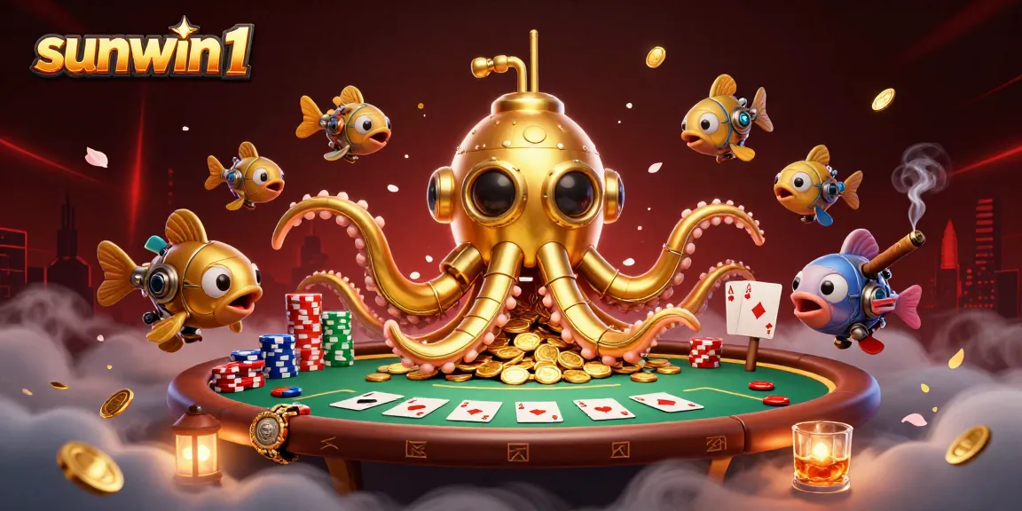 Experience the thrilling sunwin1 poker scene featuring a golden kraken submarine and rich game elements.