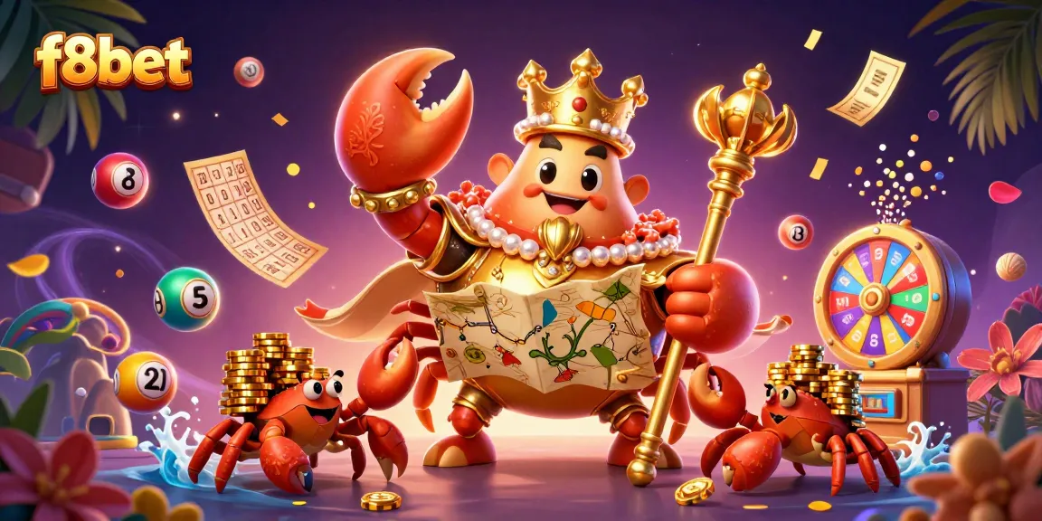 Engage with f8bet's vibrant casino world featuring a golden crab emperor amidst dynamic game elements.