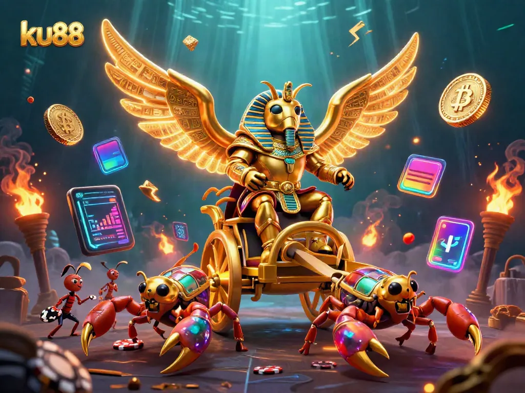 Experience the thrill of ku88 with golden beetles and scorpions in a vibrant casino scene.