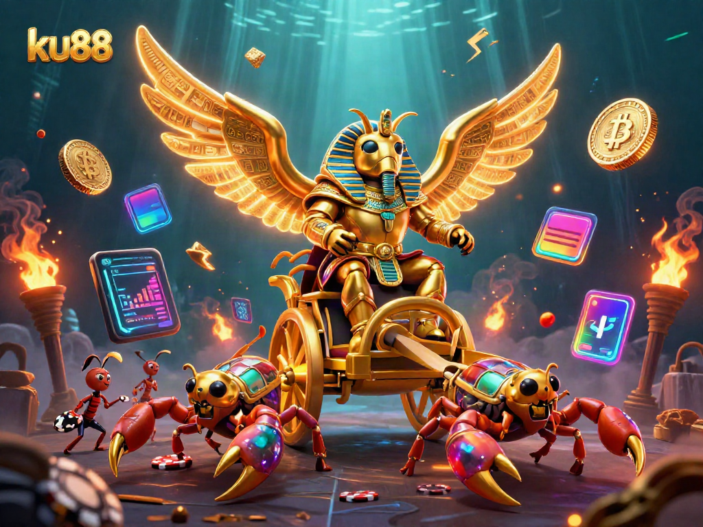 Experience the thrill of ku88 with golden beetles and scorpions in a vibrant casino scene.
