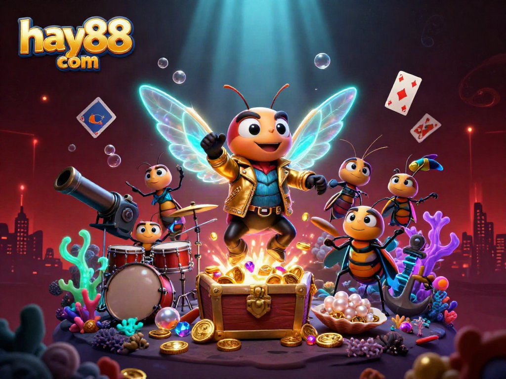 Join the thrilling world of hay88 com where a rockstar cicada and his band celebrate wins with dynamic casino elements!
