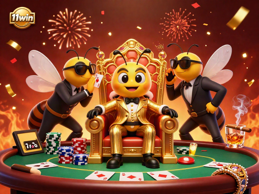 Experience thrilling action at 11win's buzzing casino with energetic characters in a vibrant golden world.