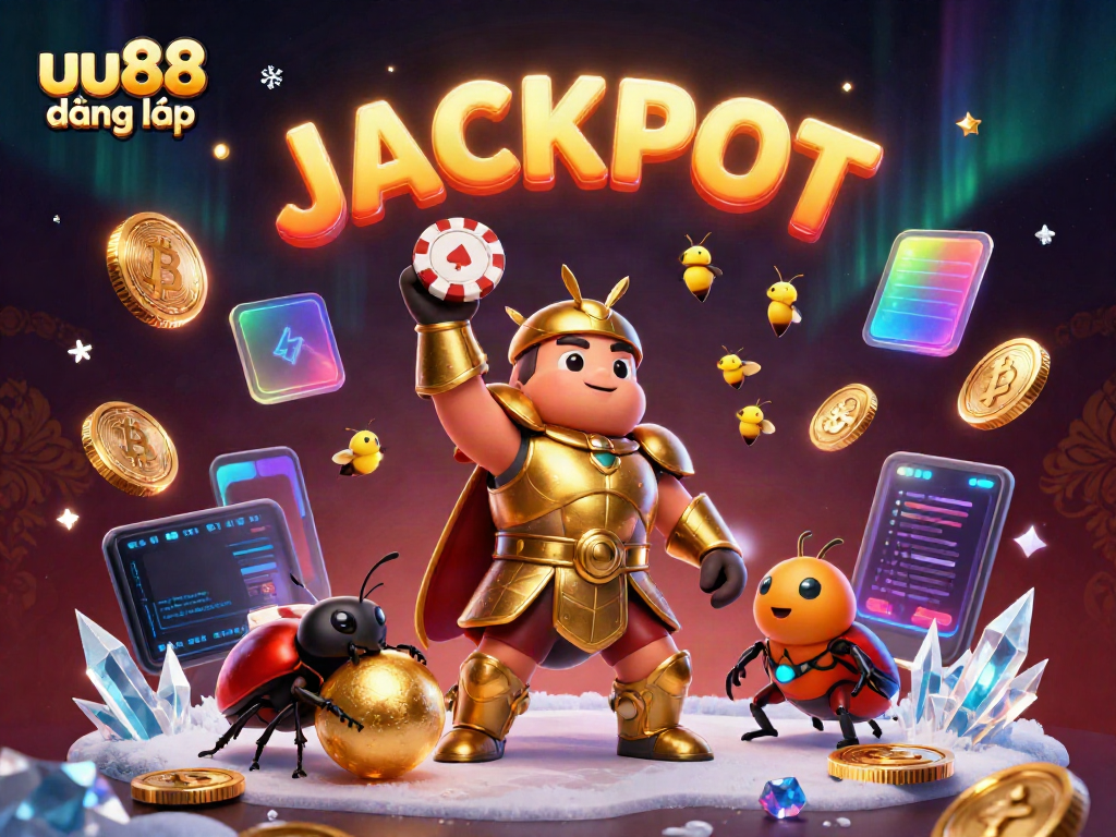 Spin to win at uu88 đăng nhập with a victorious beetle and dazzling crypto elements in this vibrant casino scene.